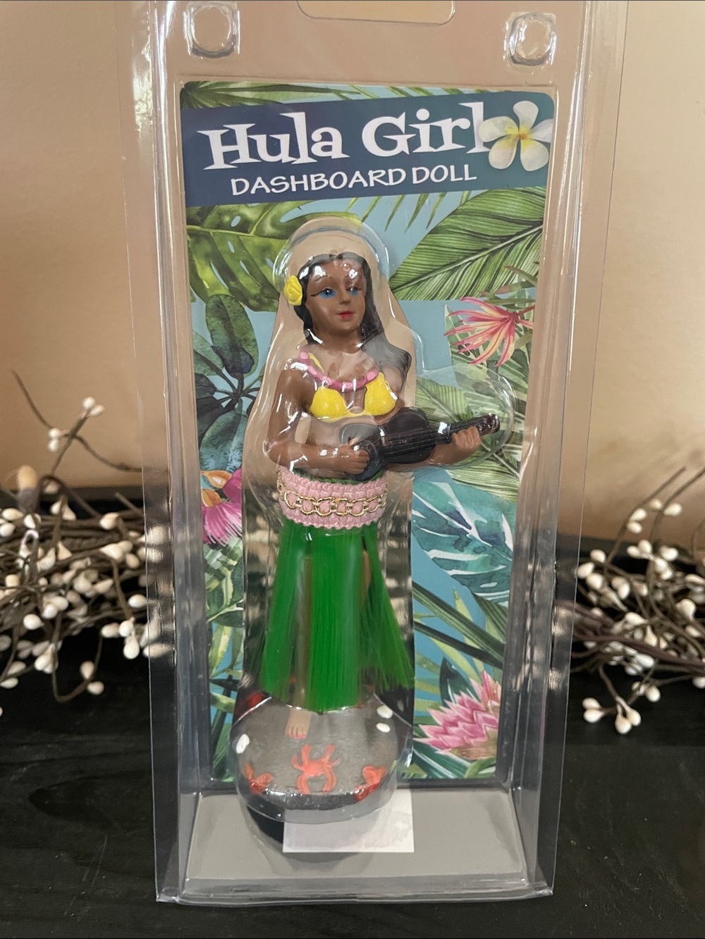 NWT Hula Girl Dashboard Doll - Yellow Bikini Top & Green Grass Skirt - 6” Tall